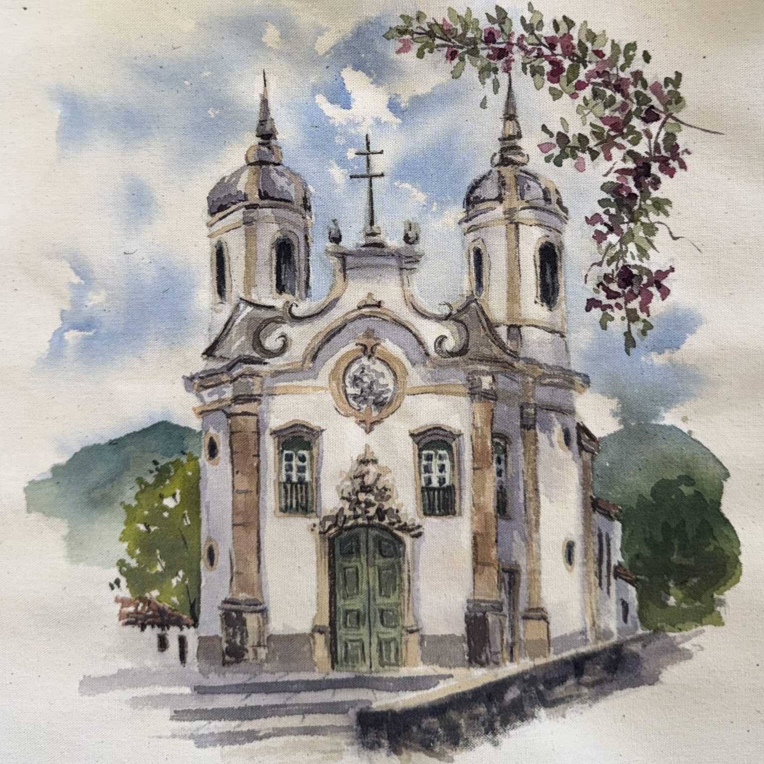 Igreja barroca em aquarela sobre algodão